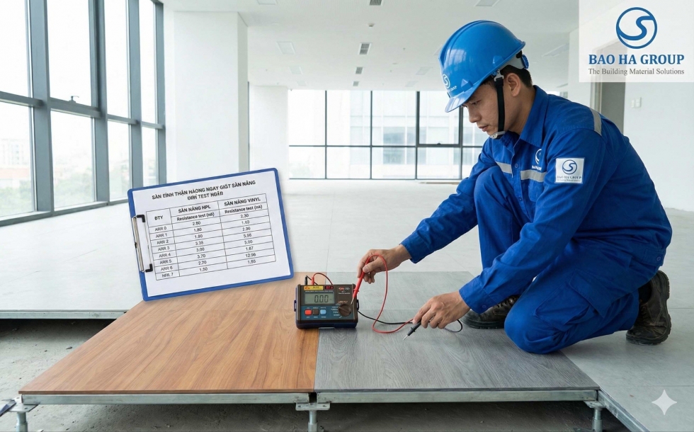 Kỹ thuật viên Bảo Hà Group đo điện trở khi so sánh sàn nâng HPL và Vinyl